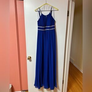 Royal Blue Beaded Empire Waist Evening Gown